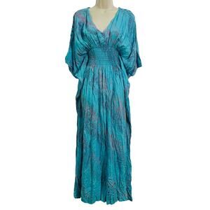 Colorful Smocked Maxi Dress Blue Purple Pink Palm Tropical Womens One Size